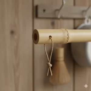 Close-up showing the small hole or hanging loop on the handle of a bamboo kitchen utensil sets whisk, a feature for easy kitchen storage.