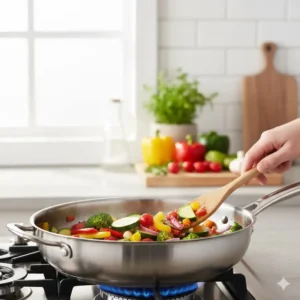 Healthy vegetables being sautéed in a chemical-free stainless steel skillet.