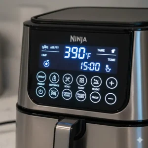 Detail of the digital control panel showing temperature, timer, and preset functions on the ninja 3 in 1 air fryer.