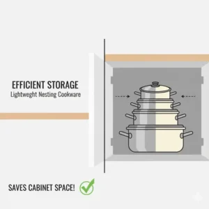 Efficient storage of several nesting pots and pans, highlighting how lightweight cookware saves cabinet space.