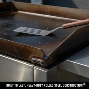 Close-up of the thick, rolled steel cooking plate, highlighting the heavy-duty, durable construction of this extra large griddle.