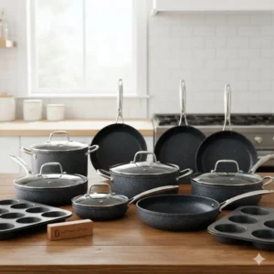 Display of the complete "Kitchen in a Box" set from Gotham Steel, showcasing all pieces for a fully equipped kitchen.