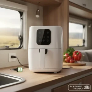 A portable model placed on a countertop inside an RV, emphasizing its suitability as a lowest watt air fryer for small spaces and off-grid use.