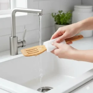 Image of gently hand washing a bamboo kitchen utensil sets spatula, providing a visual cue for how to properly care for and maintain the set.