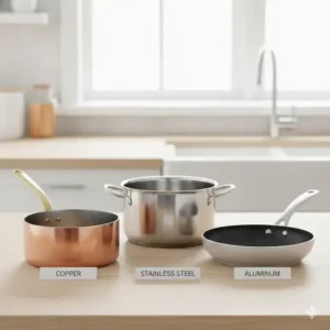 A side-by-side comparison of pots and pans made from different materials: copper, stainless steel, and aluminum, highlighting the variety of cookware available.