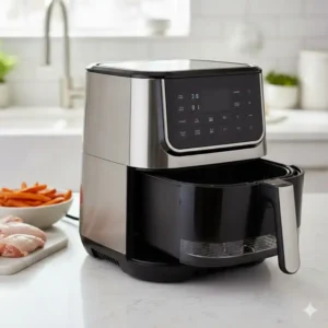 The sleek ninja 3 in 1 air fryer appliance sitting neatly on a modern kitchen countertop.