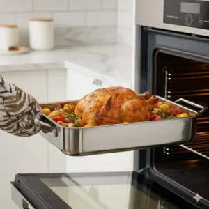 A large, oven-safe stainless steel roasting pan containing a cooked meal, showcasing its versatility.
