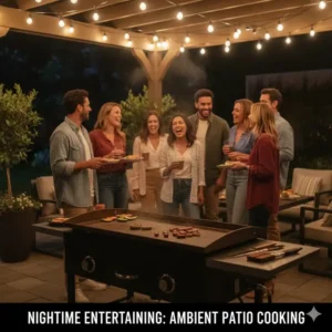 Extra large griddle set up on a patio, ready for late-night cooking and entertaining under ambient lighting.