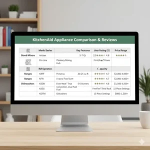 A comparison table or graphic visually representing the feature set of different KitchenAid appliances, aiding consumers searching for KitchenAid reviews on appliances.