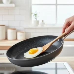 A cooking demonstration showing an egg effortlessly sliding off the Gotham Steel non-stick surface without butter or oil.