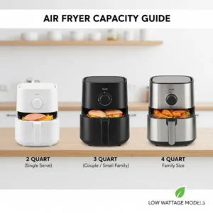 A visual guide illustrating the different basket sizes and capacities available in the lowest watt air fryer category, ranging from 2-quart to 4-quart models.