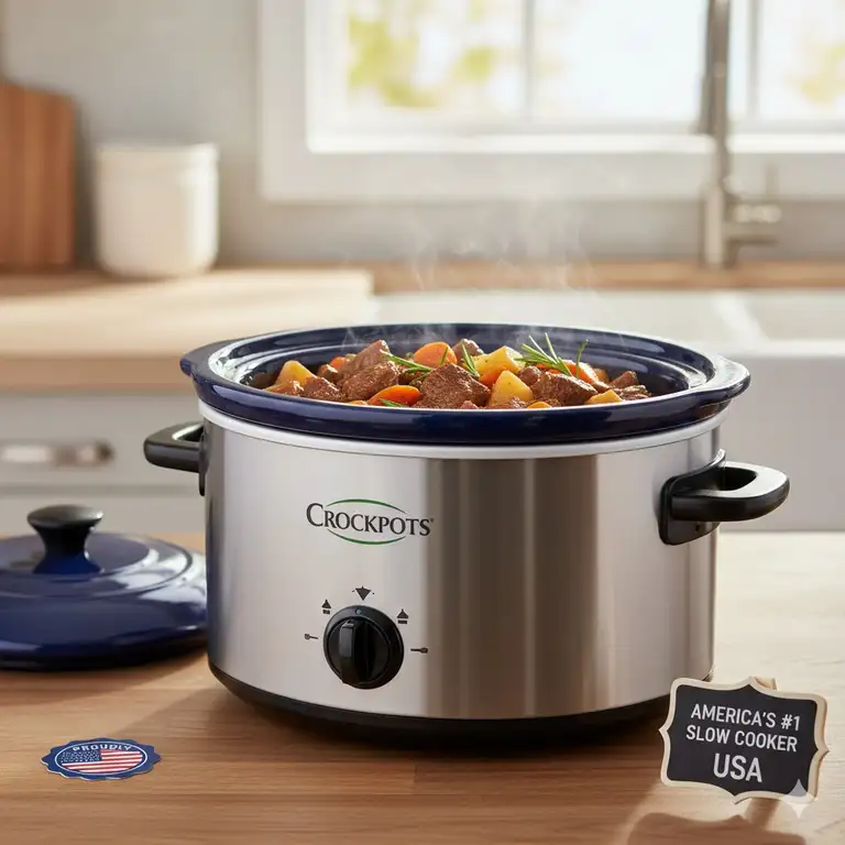 Best Crockpots made in USA, highlighting a durable ceramic insert and slow-cooking capabilities.