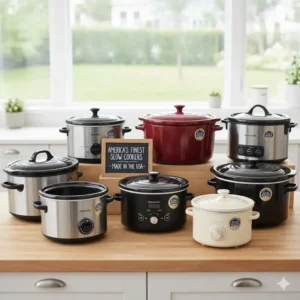 A collage of top-rated US-made slow cookers, showing various sizes and features.