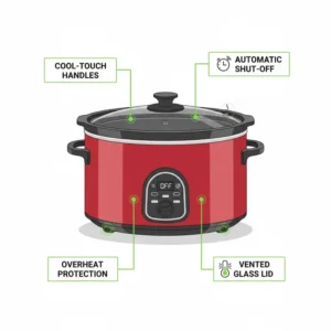 Diagram illustrating the safety features, like automatic shut-off and cool-touch handles, of a modern slow cooker.