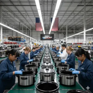 Image of US manufacturing process for slow cooker components, emphasizing quality control and domestic sourcing.