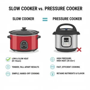 Infographic comparing the cooking methods and results of a slow cooker versus a standard pressure cooker.