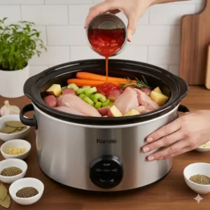 Photo of ingredients being placed into a slow cooker for an easy, weeknight meal prep.