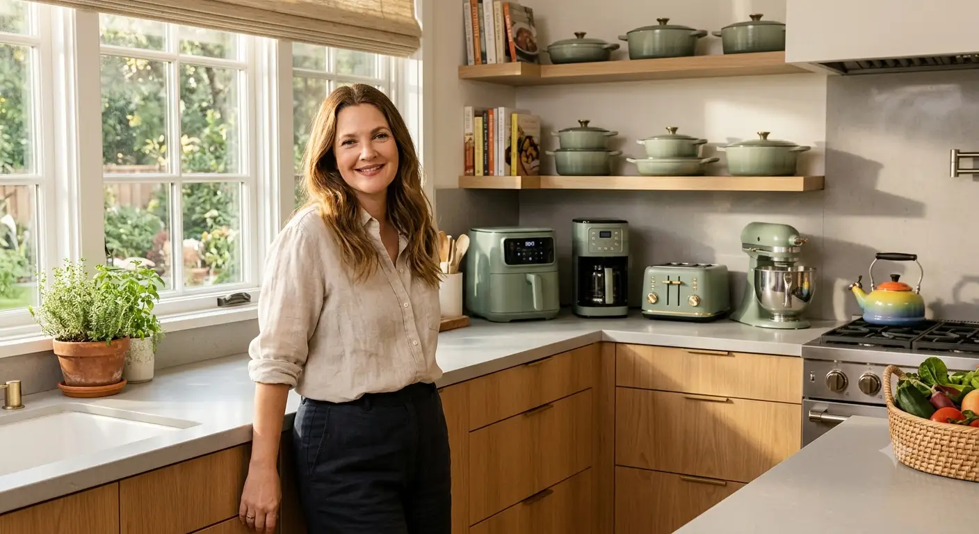 Drew Barrymore standing in a modern kitchen surrounded by her Beautiful cookware and small kitchen appliances collection