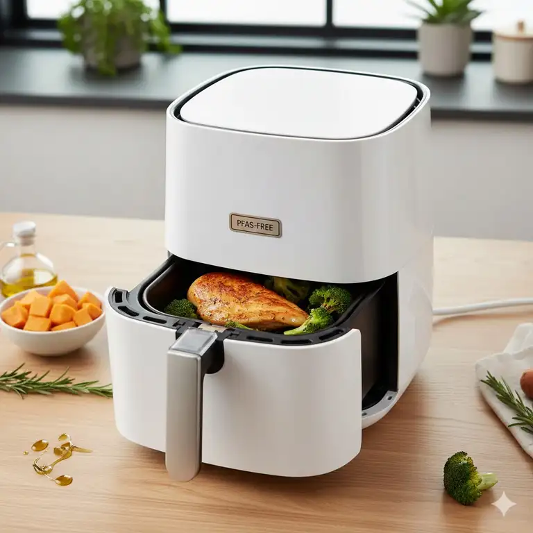 A modern stainless steel air fryer without teflon coating, sitting on a wooden counter, ready for healthy cooking.