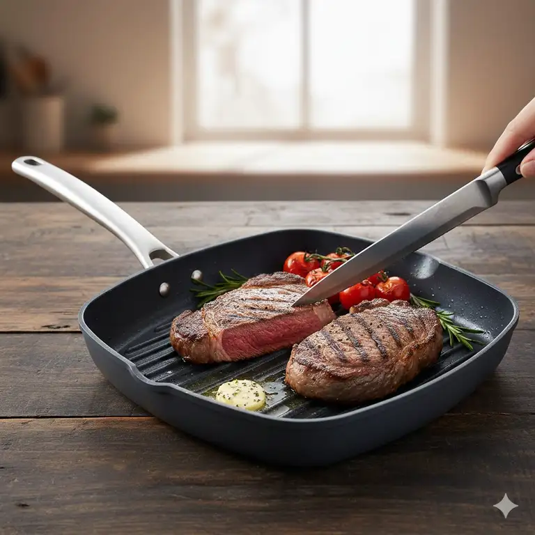 A professional shot of a ceramic grill pan with perfectly seared steak and grill marks.