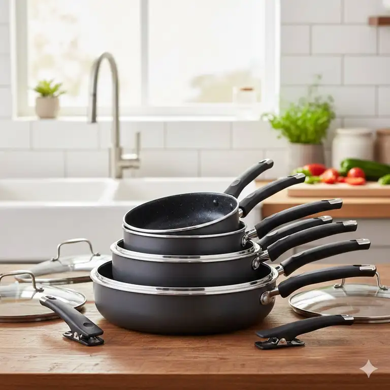 A premium kitchen setup displaying complete cookware sets with removable handles stacked for space-saving.