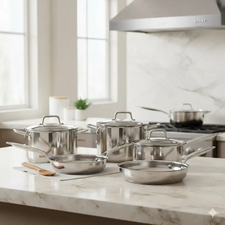 A professional set of polished nickel free cookware displayed on a marble kitchen counter.