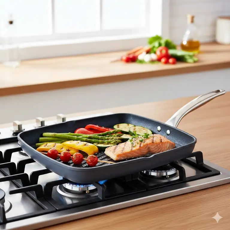 A premium non toxic griddle pan on a stovetop featuring a ceramic non-stick surface with grilled vegetables.