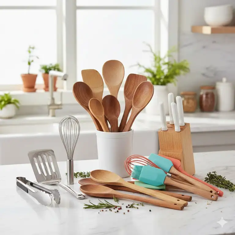 A professional collection of various non toxic utensils arranged on a kitchen counter for healthy cooking.