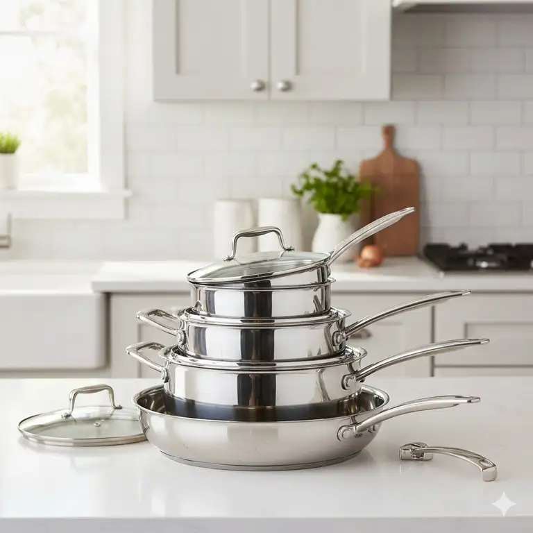 A complete nesting cookware set stacked neatly on a modern kitchen counter.