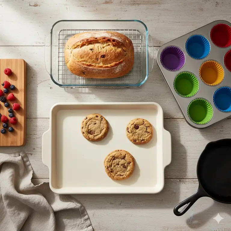 A collection of non-toxic, healthy bakeware items, including a ceramic baking sheet and a glass loaf pan, arranged on a wooden kitchen counter.