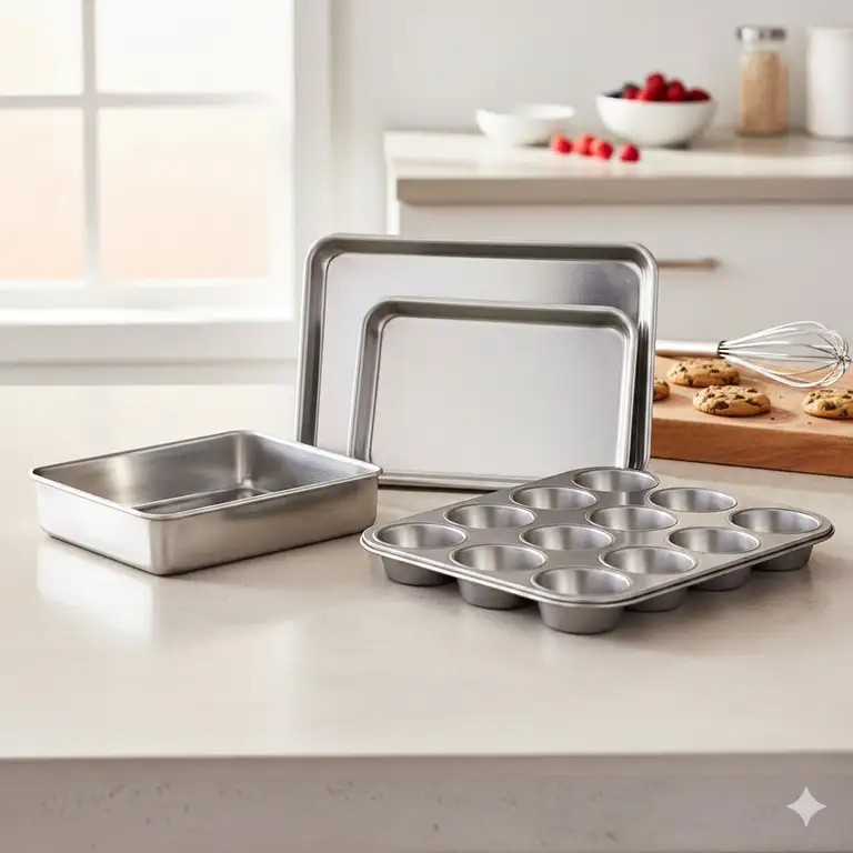 A professional set of stainless steel bakeware non toxic (baking sheets and muffin tin) ready for use on a clean kitchen counter.