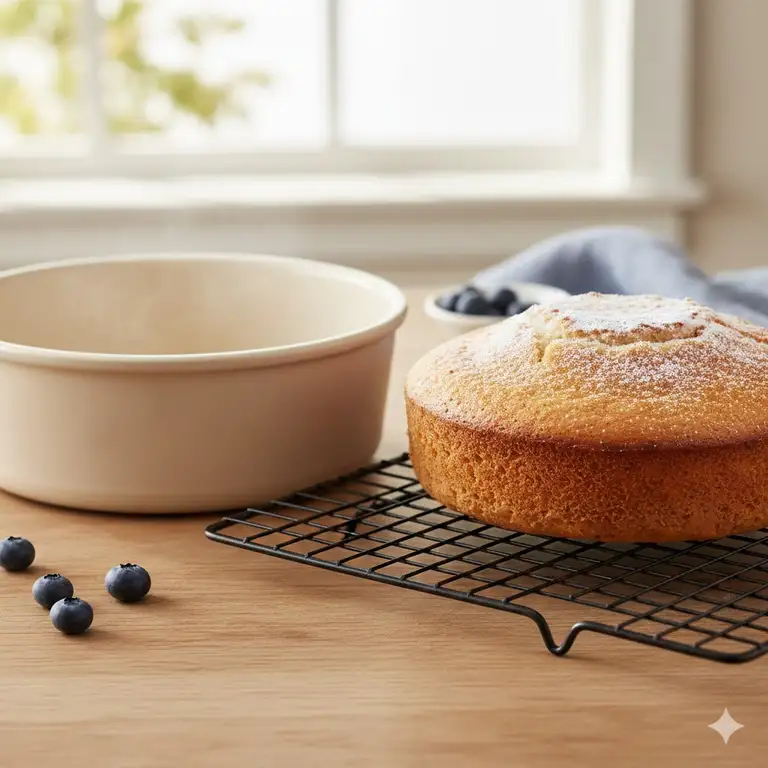 A beautifully baked cake resting on a cooling rack, freshly removed from a light-colored, non toxic cake pan. This photo highlights the easy release and safe surface of the pan.