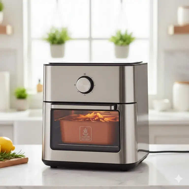 A sleek, modern non toxic air fryer on a kitchen counter, showcasing the ceramic-coated basket which is free of PTFE and PFOA.