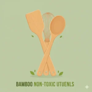 A set of eco-friendly bamboo non toxic utensils including a spatula and a mixing spoon.