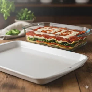 Close-up of a non-stick ceramic-coated baking sheet and a clear glass casserole dish, highlighting safe and healthy bakeware materials.
