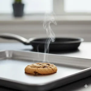 Close-up showing steam rising from a cooling cookie on a stainless steel bakeware non toxic sheet, emphasizing safety over chemical coatings.