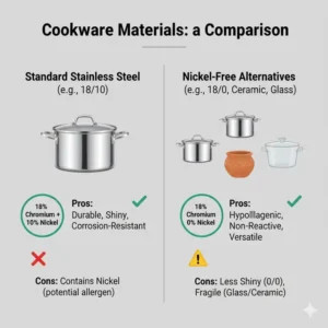 An infographic comparing stainless steel and various nickel free cookware materials.