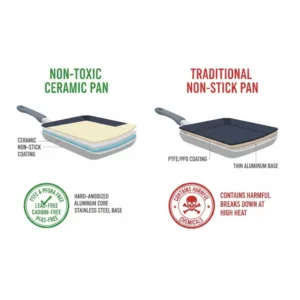 Comparison chart showing the chemical-free layers of a non toxic griddle pan versus traditional PFOA coatings.