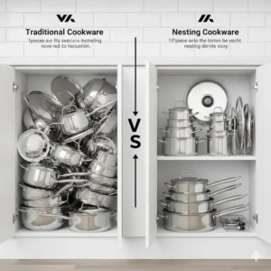 A comparison showing how much space a nesting cookware set saves in a kitchen cabinet.