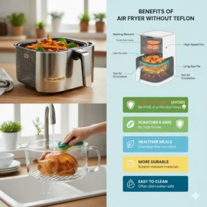 Close-up view of the stainless steel basket inside an air fryer without teflon, showing the durable, non-PFAS material.