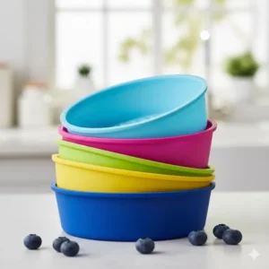 A stack of brightly colored, flexible silicone molds in various shapes, illustrating the easy storage of a non toxic cake pan made from BPA-free material.
