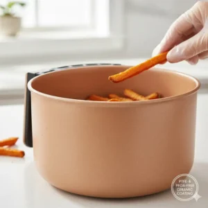 Close-up view of a new non toxic air fryer basket featuring a durable ceramic coating, a safer, PFOA-free alternative.