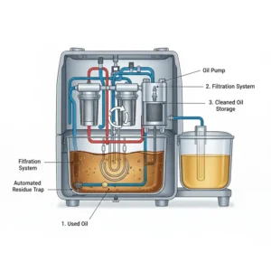 A technical diagram illustrating the internal mechanism and filtration process of the self cleaning fryer system.