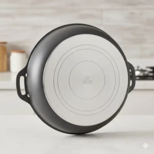 The bottom design of a ceramic grill pan showing features for even heat distribution.