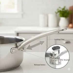 Illustration of the removable handle system on a professional nesting cookware set.