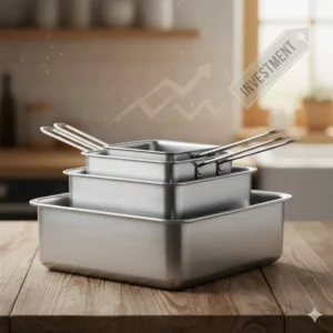 A stack of durable, sturdy stainless steel bakeware non toxic pans, representing a long-term kitchen investment.