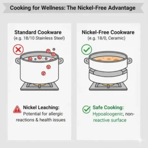 A visual guide explaining why nickel free cookware is better for food safety and health.
