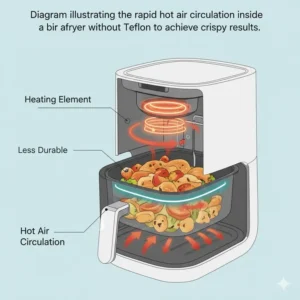 Diagram showing the internal heating element and air flow mechanism in an air fryer without teflon.