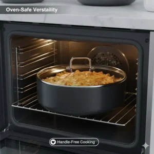 Using oven-safe cookware sets with removable handles to bake food inside a hot oven.