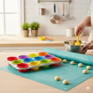 Brightly colored silicone muffin liners and a flexible silicone baking mat, emphasizing the convenience and safety of non-toxic healthy bakeware.